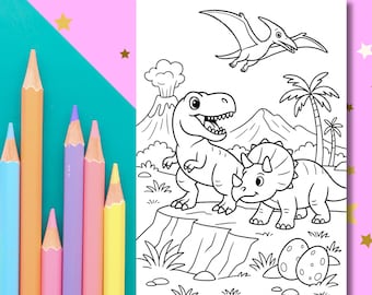 Dinosaur Coloring Page for Kids T-Rex, Triceratops & Pterodactyl, Printable Dinosaur Activity, Instant Download