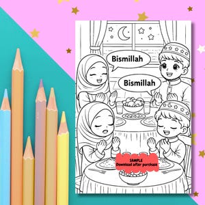 Op de afbeelding: Zwart-wit illustratie van een familie die bidt voor een maaltijd. De afbeelding bevat de tekst "Bismillah" in tekstballonnen en "SAMPLE Download after purchase" op een rood label. Kleurpotloden staan op de voorgrond.