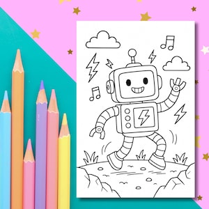 Dancing Robot Coloring Page - Fun and Funky Printable Activity - Tech-Themed Color Page - Tech Music Printable