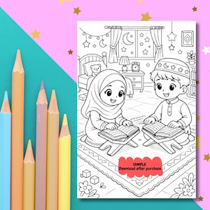Op de afbeelding: Zwart-wit kleurplaat met twee kinderen die boeken lezen, met een slaapkamer als achtergrond. De afbeelding bevat de tekst "SAMPLE Download after purchase". Kleurpotloden staan op de voorgrond.