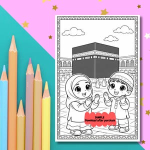 May include: Black and white colouring page depicting the Kaaba with two cartoon children. The image includes the text "SAMPLE Download after purchase". Coloured pencils are visible on the left side.