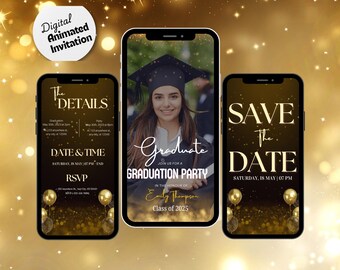 Invitación de graduación en azul marino y dorado neón: Clase de 2025 (E-Invite) (Descarga digital para celular)