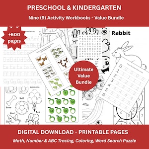 Op de afbeelding: Een bundel van negen werkboeken voor kleuters en kleuters. De werkboeken bevatten wiskunde, getallen en ABC-traceren, kleuren en woordzoekpuzzels. De bundel bevat meer dan 600 pagina's om af te drukken.