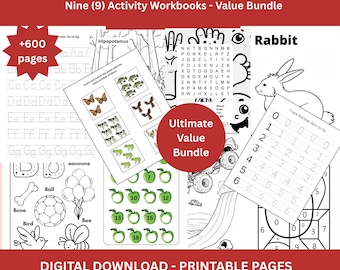 Paquete de aprendizaje para preescolar y jardín de infantes / +600 páginas / Hojas de actividades imprimibles / Trazar / Colorear / Rompecabezas / Matemáticas