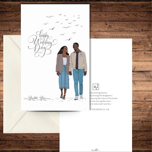 May include: A wedding greeting card with a black and white illustration of a couple holding hands. The card reads "Happy Wedding Day" in elegant script. The back of the card has a quote from the Bible. An envelope is included.