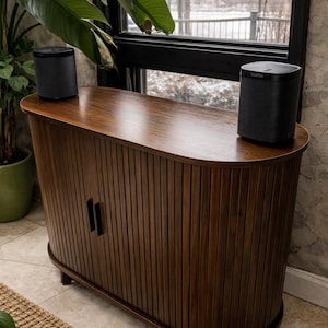 Mid Century Record Player Stand with Sliding Doors, Fluted Media Console TV Stand and Vinyl Storage Cabinet for Living Room, Home Decor