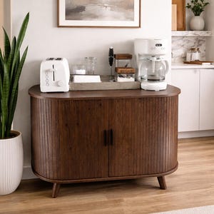 Mid Century Fluted Record Player Stand with Sliding Doors, Solid Wood Media Console TV Stand, Vinyl Storage Cabinet  for Living Room Bedroom