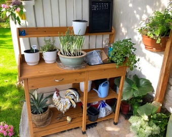 Wooden Outdoor Potting Bench: Garden Work Station with Sink & Shelves, Solid Wood Planting Table, Wooden Plant Stand