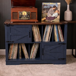 Oversized Wooden Record Player Stand, Rustic Farmhouse Vinyl Storage Cabinet, 39" Turntable with Barn Doors, Media Console Table,