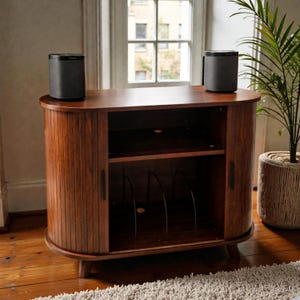 Mid Century Record Player Stand with Sliding Doors, Fluted Media Console TV Stand and Vinyl Storage Cabinet for Living Room, Home Decor