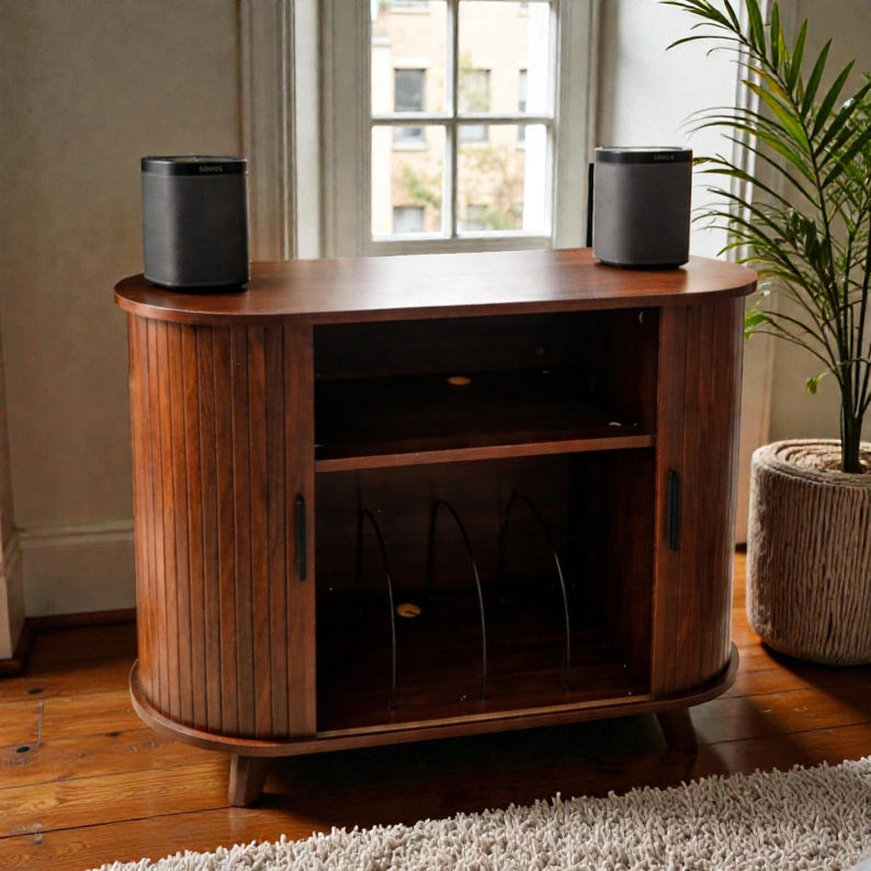Mid Century Record Player Stand with Sliding Doors, Fluted Media Console TV Stand and Vinyl Storage Cabinet for Living Room, Home Decor