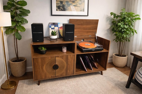 Mid Century Modern Record Player Stand, Vinyl Storage Cabinet, Rustic Wood Turntable Console,