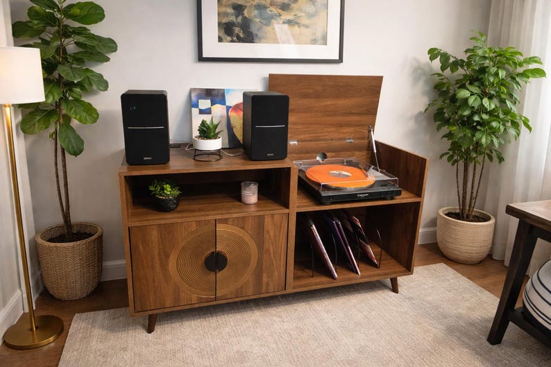 Large Mid Century Console Table, Modern Record Player Stand Holds Up to 350 Albums, Vinyl Storage Cabinet, Wooden Turntable Stand with Shelf