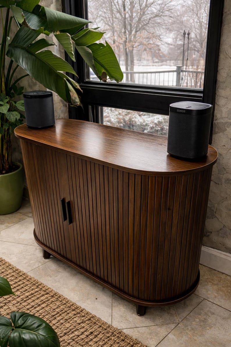 Mid Century Record Player Stand with Sliding Doors, Fluted Media Console TV Stand and Vinyl Storage Cabinet for Living Room, Home Decor