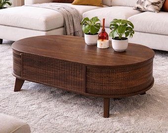 Mesa de centro moderna con almacenamiento oculto, mesa auxiliar de madera, mueble para sala de estar de espacio reducido.
