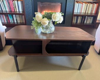 Mid Century Modern  Coffee Table with Fluted Door & Open Shelf