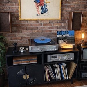 Large Mid Century Console Table, Modern Record Player Stand Holds Up to 350 Albums, Vinyl Storage Cabinet, Wooden Turntable Stand with Shelf