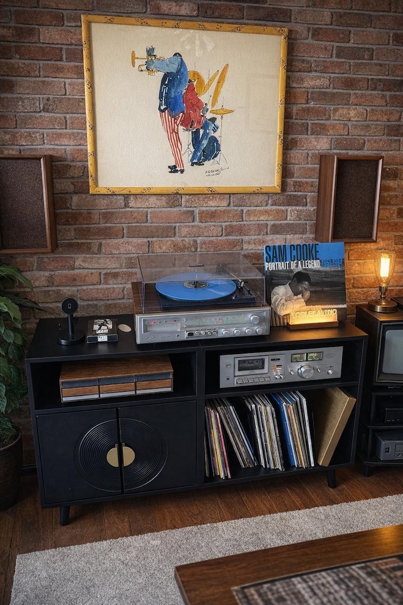 Large Mid Century Console Table, Modern Record Player Stand Holds Up to 350 Albums, Vinyl Storage Cabinet, Wooden Turntable Stand with Shelf