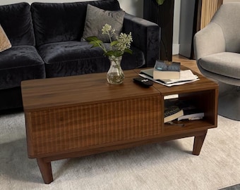 Stylish Fluted Lift Top Coffee Table with Hidden Storage, Rising Sofa Desk, Space Saving Living Room Furniture