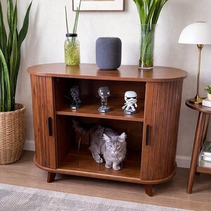 Mid Century Record Player Stand with Sliding Doors, Fluted Media Console TV Stand and Vinyl Storage Cabinet for Living Room, Home Decor