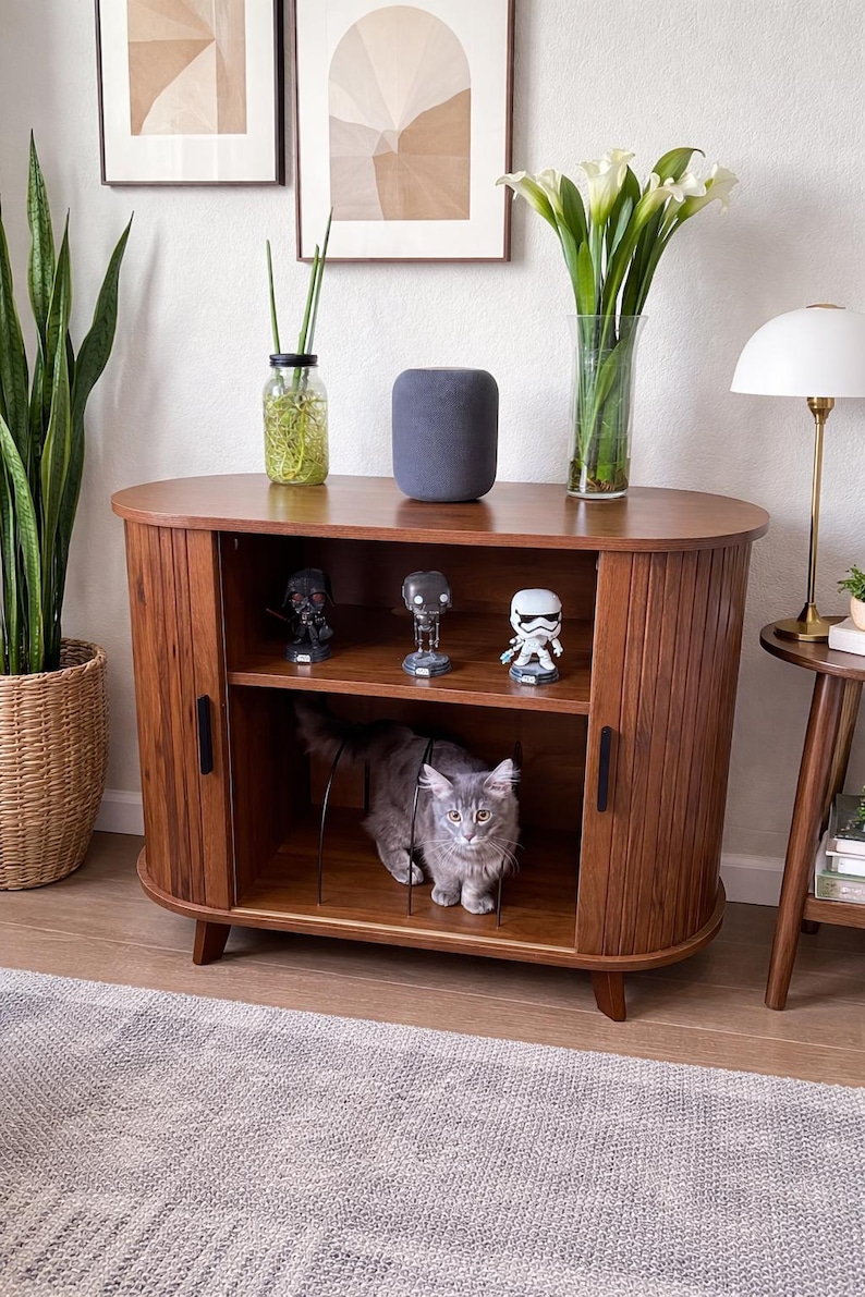 Mid Century Record Player Stand with Sliding Doors, Fluted Media Console TV Stand and Vinyl Storage Cabinet for Living Room, Home Decor