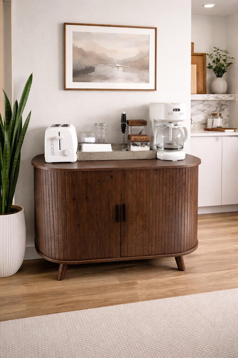 Mid Century Record Player Stand with Sliding Doors, Fluted Media Console TV Stand and Vinyl Storage Cabinet for Living Room, Home Decor