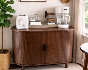 Mid Century Fluted Record Player Stand with Sliding Doors, Solid Wood Media Console TV Stand, Vinyl Storage Cabinet  for Living Room Bedroom