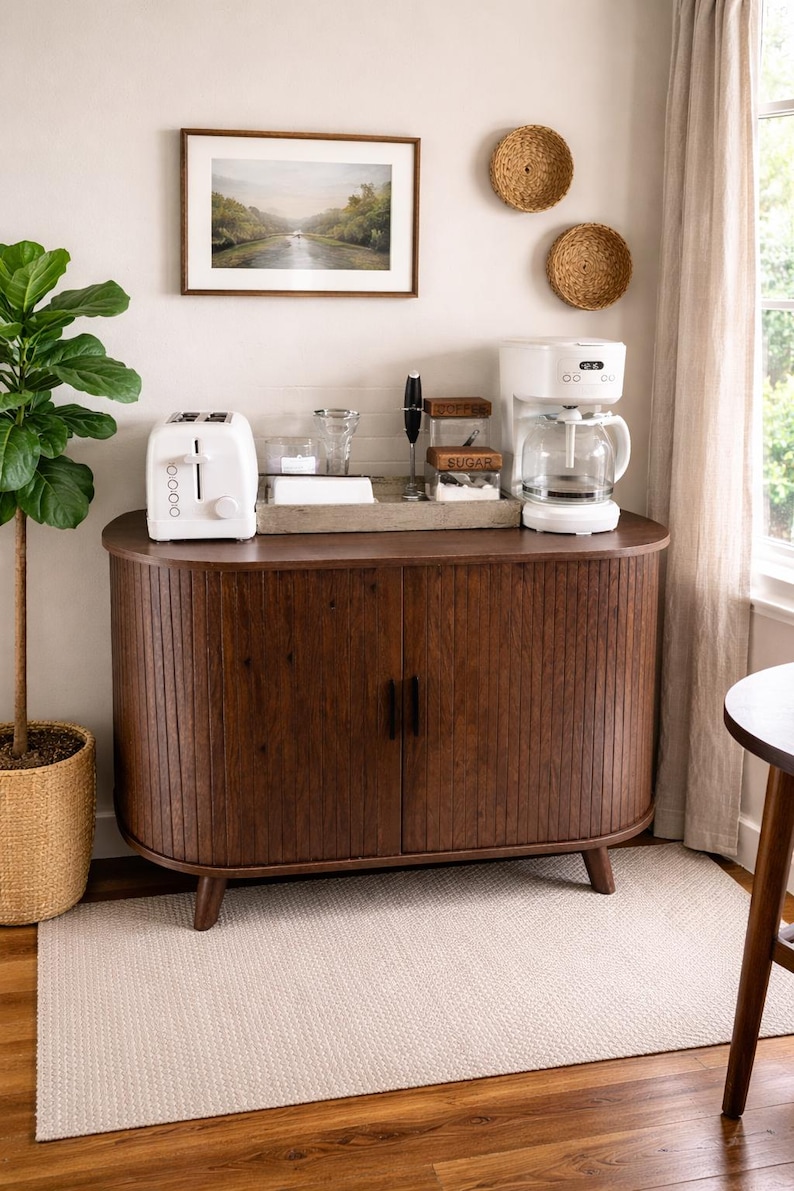 Mid Century Record Player Stand with Sliding Doors, Fluted Media Console TV Stand and Vinyl Storage Cabinet for Living Room, Home Decor