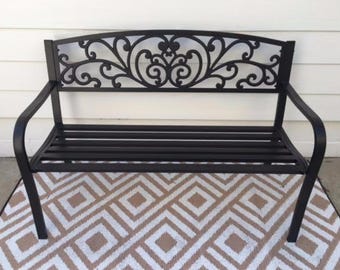 Steel Garden Bench, Floral Backrest, Outdoor Patio Seating