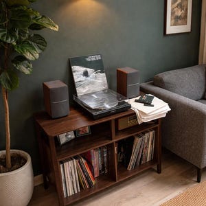 May include: A dark wood media console with open shelving containing vinyl records, a turntable with a clear dust cover, two gray speakers, and a stack of papers. The console features a rectangular top surface and two lower storage compartments.