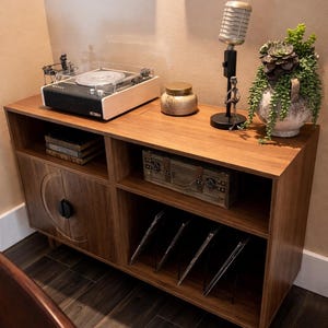 Large Mid Century Console Table, Modern Record Player Stand Holds Up to 350 Albums, Vinyl Storage Cabinet, Wooden Turntable Stand with Shelf