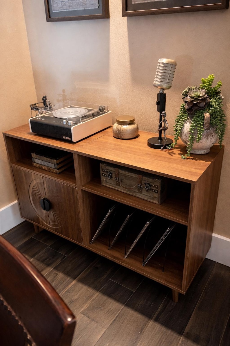 Large Mid Century Console Table, Modern Record Player Stand Holds Up to 350 Albums, Vinyl Storage Cabinet, Wooden Turntable Stand with Shelf