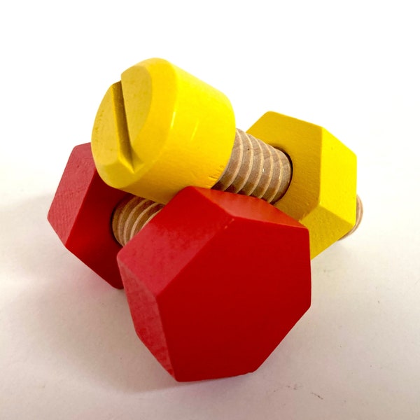 Wooden nuts and bolts, pair of 2, red, yellow, silver Montessori toddler toy