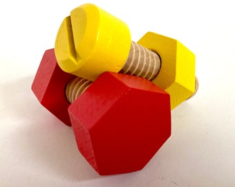 Wooden nuts and bolts, pair of 2, red, yellow, silver Montessori toddler toy