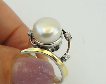 925 Silver Pearl Ring, Mixed Metal, 9K Yellow Gold Ring, White stone ring, June birthstone, Two Rone Ring, Pearl and CZ Ring, Gift (ms 1630