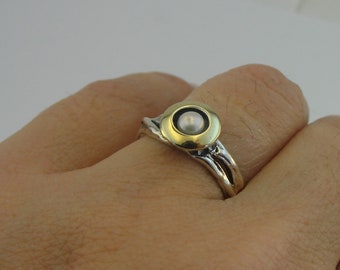 Minimalist Pearl Ring, 925 Silver Ring, Mixed Metal, 9K Yellow Gold Ring, White stone ring, June birthstone, Two Rone Ring, Gift (ms r 1576