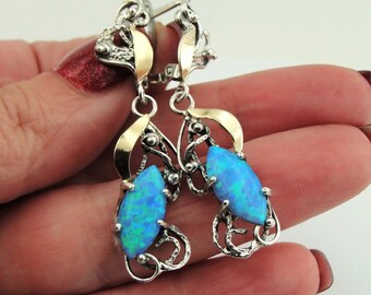 Beautiful Hand Crafted 9K Yellow Gold Silver Opal Earrings Handmade Womans Gift Israeli Jewelry Earrings with Blue Opal Stone (s e1990)