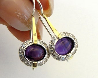 925 Amethyst Earrings, Handcrafted 9k yellow gold & 925 sterling Silver Earrings, Purple Gemstone earrings, Round Earrings, Gift (s e1079
