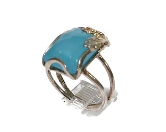 Ocean Quartz 925 Sterling Silver Ring, Blue Quartz Ring, Blue Stone Ring, Israeli Handmade Ring, Size 6.5, Birthday Gift for Her, Leaf Ring