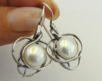 Handmade 925 Sterling Silver White Pearl Earrings, White Gemstone Earrings, Pearl Jewelry, Israeli Jewelry, Everyday Earrings, Gift  (sm e