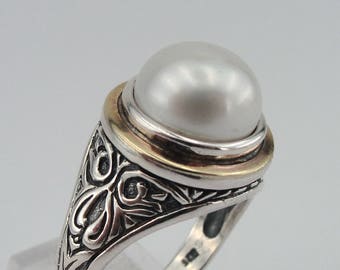 Pearl 925 silver ring, Silver and Gold ring, White Pearl Ring, Yellow gold Pearl Ring, ring size 8, Fine ring, White Pearl Ring (ms 1504r)