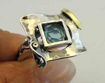 Blue Topaz Ring: Sterling Silver & 9k Gold, December Birthstone, Size 8