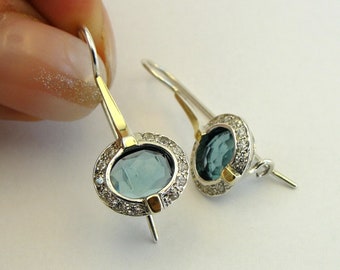 925 Blue Topaz Earrings, Long 9k yellow gold & sterling Silver Earrings, Blue stone earrings, Everyday Earrings, Gift for her (ms 1079