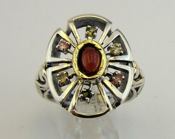 Garnet Ring 9K Yellow Gold 925 Silver Garnet Ring size 8, Red Stone Ring, Gold Garnet Ring, Multicolir Tourmaline Quartz Ring, Gift (ms 1678