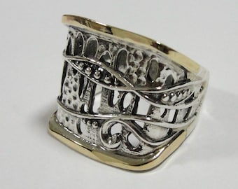 Israel Handmade 9k yellow Gold & 925 Sterling Silver filigree Square Band, Mixed Metal Ring, Two Tone Ring (s r 1589)