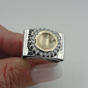 Two Tone Solid 9k Yellow Gold & 925 Sterling Silver Ring, Sparkling Ring Size 7, Cubic Zirconia Stone , Mixed metal ring, Gift (ms r