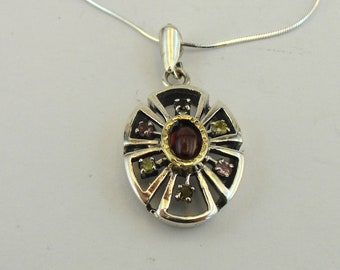 Gemstone Tourmaline Garnet Silver 925 and 9K Yellow Gold pendant, Handcrafted oval necklace, Red stone pendant, pendant with chain (ms 1678