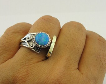 Blue Opal 925 Sterling Silver and 9k yellow gold ring, Blue stone ring, Gemstone Ring, Mixed Metal Ring, Gold Silver Ring, Gift (ms 1439r