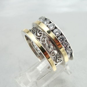 Great Handcrafted 9K Yellow Gold Sterling Silver Ring size 7, Filigree CZ Ring, Wedding band, Wife Gift, Promise Ring, Everyday  (ms 1287)
