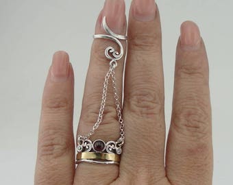 925 Silver Red Garnet Handcuff Ring, Connected Ring, 9K Yellow Gold and Silver Ring, Filigree Double Ring, Double Chain Ring, Knuckle Ring